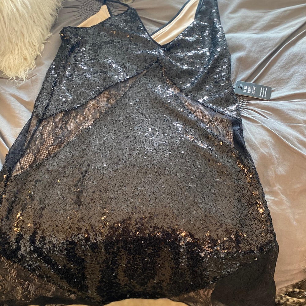 Black sequin and lace a-line dress from Express